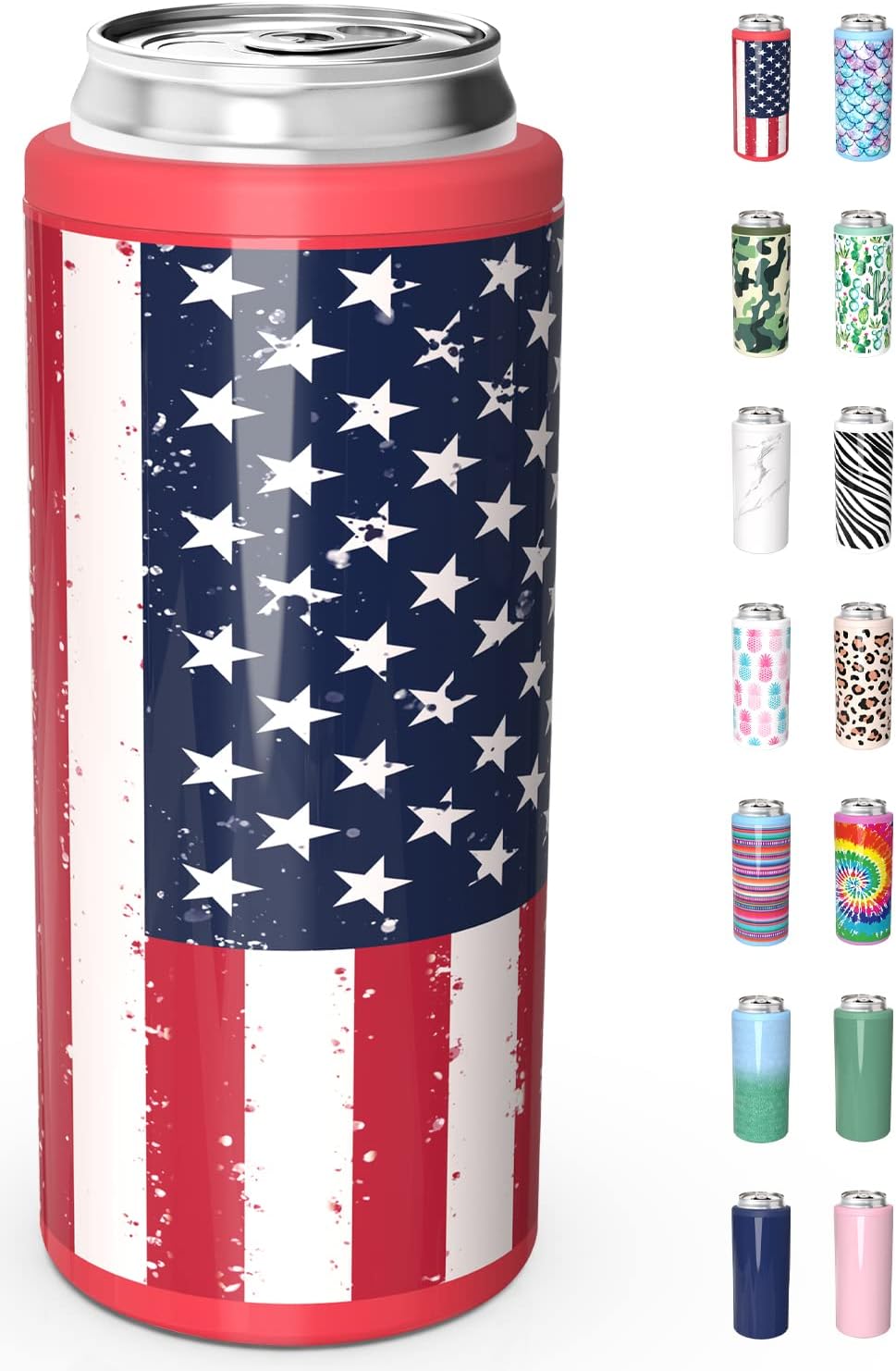 TILUCK Skinny Can Cooler for Slim Beer & Hard Seltzer, Stainless Steel, Doucle-Walled Stainless Steel Insulated Slim Cans, Standard 12 oz (U.S. Flag-01)
