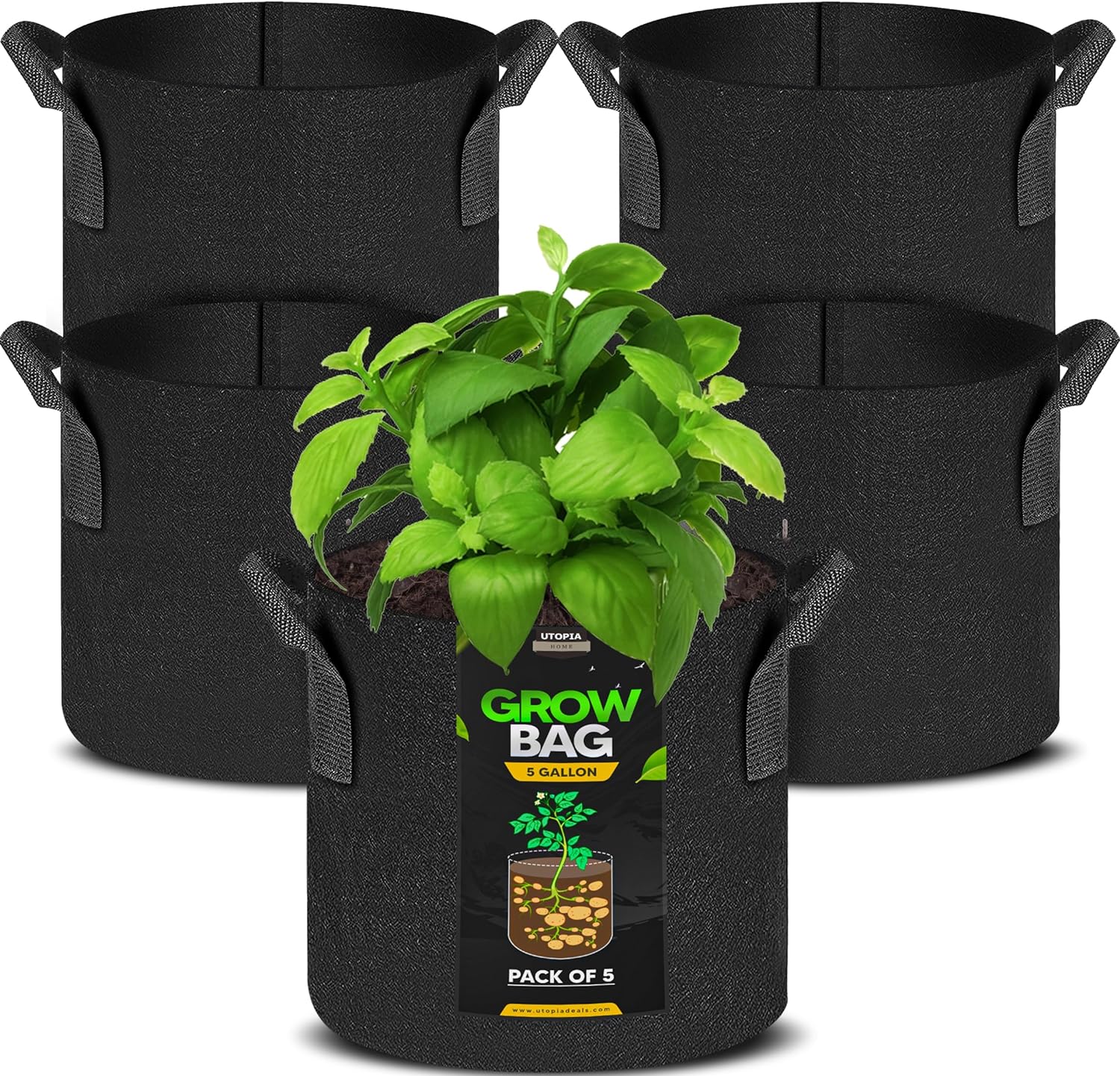 Utopia Home 5 Pack 5 Gallon Grow Bags, Thickened Nonwoven Plant Fabric Pots with Handles, Grow Pots, Plant Bags, Aeration Planting Bags, Fabric Planter Bags for Fruits, Vegetables and Flowers