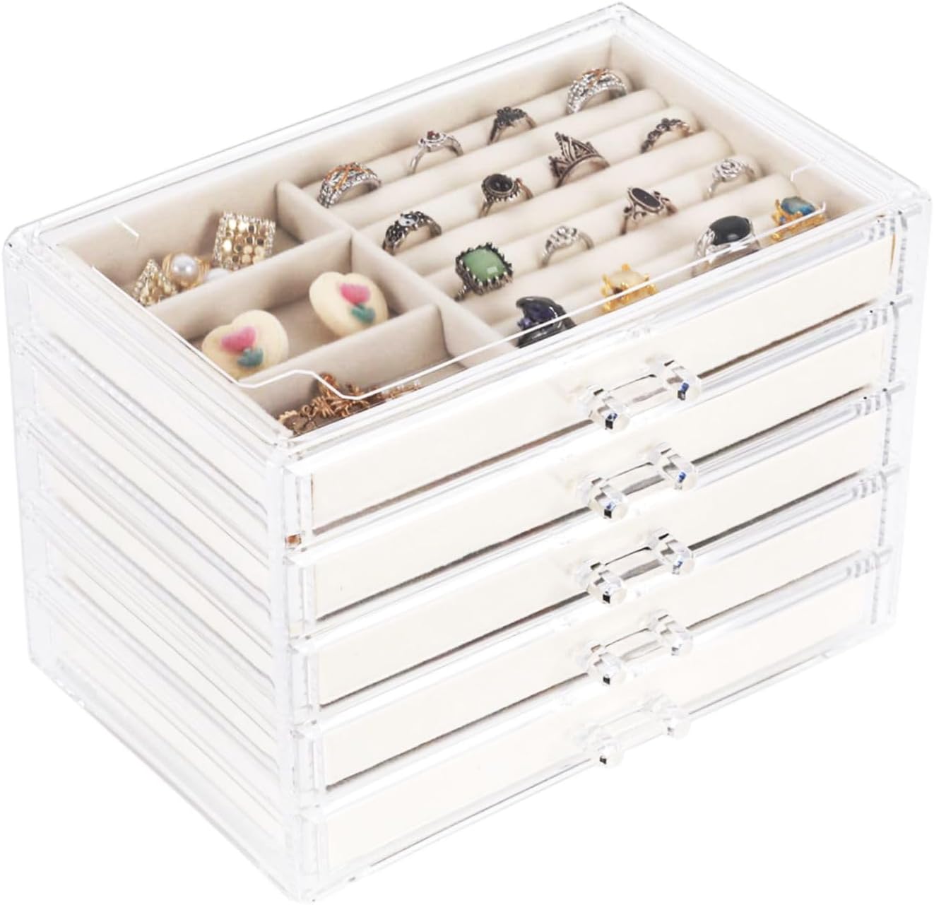 Cq acrylic Earring Jewelry Organizer with 5 Drawers, Clear Acrylic Jewelry Box for Women,Stackable Velvet Earring Display Holder for Jewelry Earrings Ring Bracelet,Gift for Women,Beige