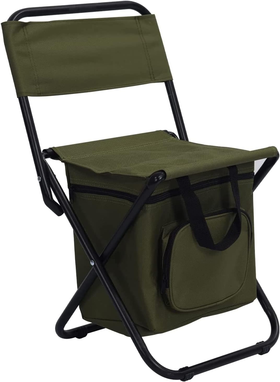 Portable Foldable Camping Chair with Cooler Bag, Lightweight Backrest Stool Compact Folding Chair Seat, Outdoor Backrest Stool with Folding Backpack for Camping Hunting Fishing Hiking Green