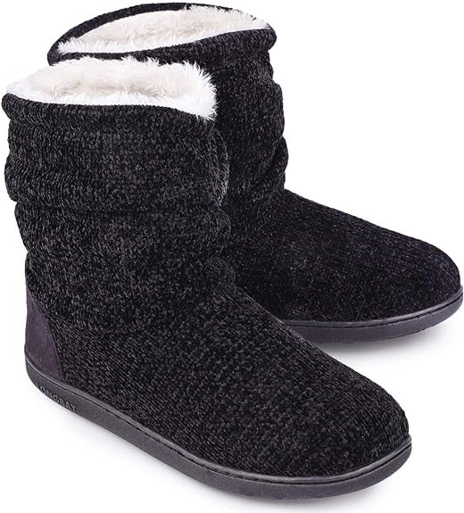 LongBay Women' Chenille Knit Bootie Slippers Cute Plush Fleece Memory Foam House Shoes