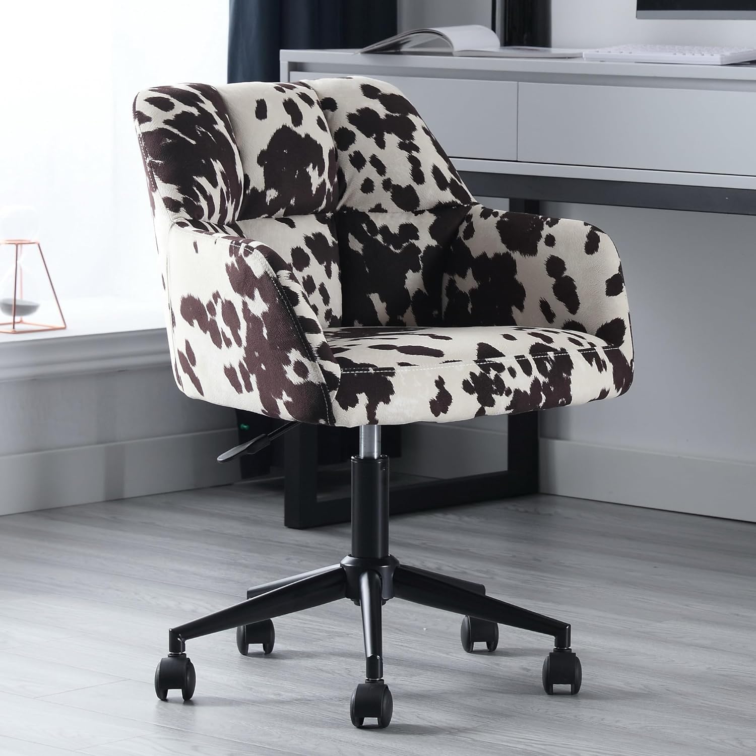 BESTANO Cow Print Velvet Desk Chair Office Chair with Mid Back Support Armrest, Adjustable-Height 360° Swivel Chair with Wheels Rolling Task Chair Home Office Modern Vanity Chair, Cow Print