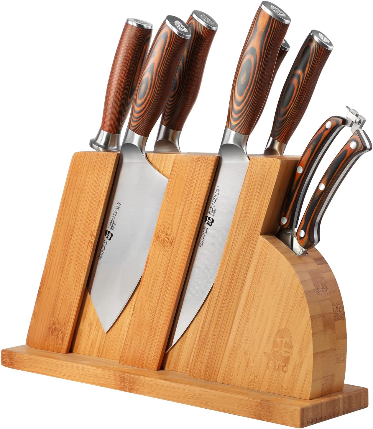 TUO Knife Set 8pcs, Japanese Kitchen Chef Knives Set with Wooden Block, including Honing Steel and Shears, Forged German HC Steel with comfortable Pakkawood Handle, Fiery Series Come with Gift Box