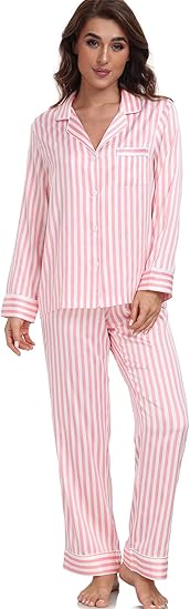 Serenedelicacy Women' Satin Pajama Set Long Sleeve Button Down Sleepwear 2-Piece Striped Silky Pj Set