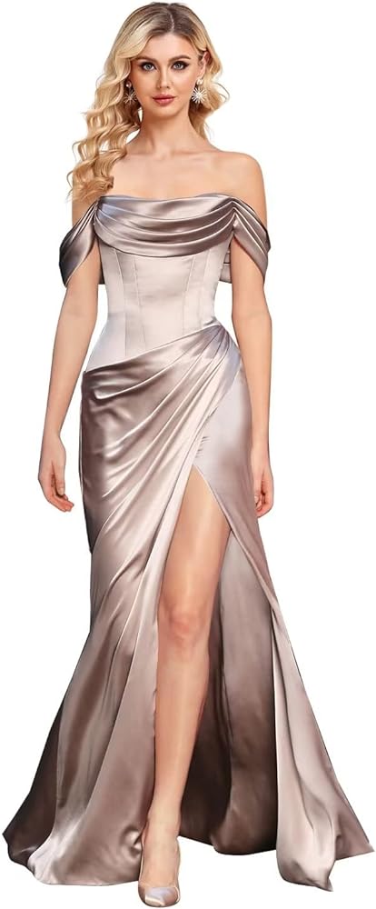 Off The Shoulder Mermaid Prom Dresses for Women Satin Silk Ruched Wrap Formal Evening Gowns with Slit