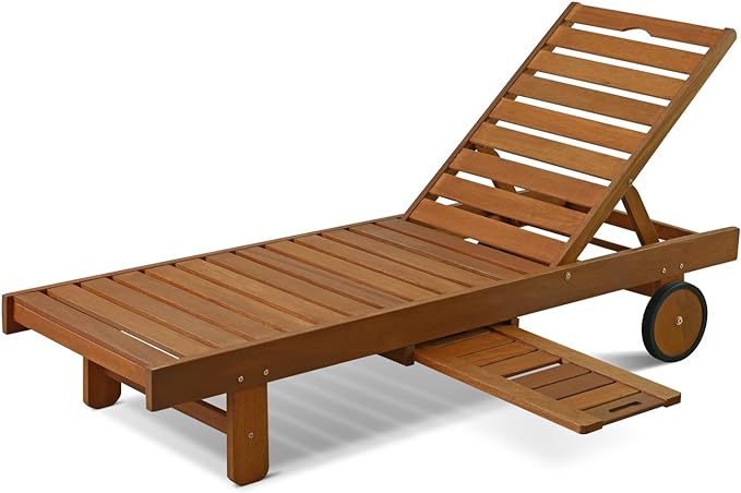 Furinno Tioman Outdoor Hardwood Patio Furniture Sun Lounger with Tray in Teak Oil, Natural 23.52D x 70W x 12H in