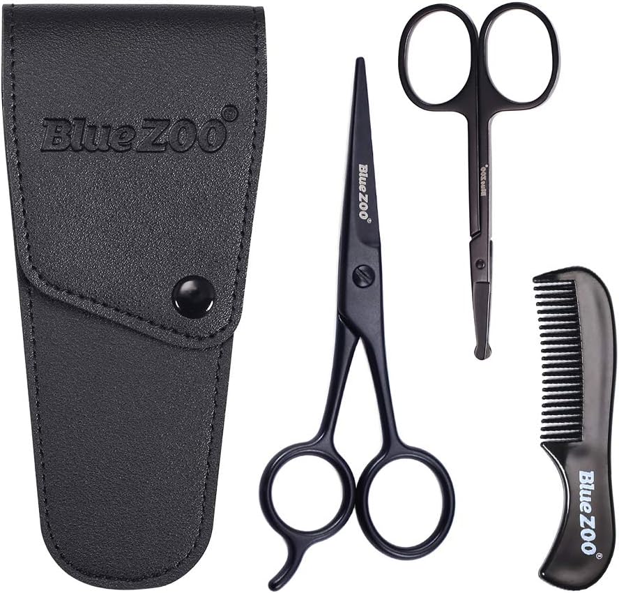 BlueZOO Beard Mustache Scissors and Comb Kit with PU Storage Bag, Rounded Safety Nose Hair Scissor for Men and Women Care Grooming, Ear Trimming Tool, Shears for Personal Grooming, Cutting & Styling