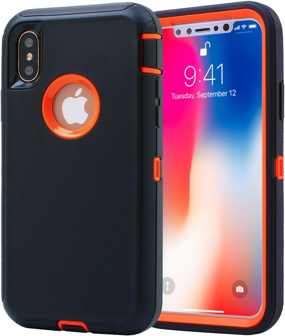 AICase iPhone X/XS Case, 3 in 1 Scratch Resistant, Drop Proof Heavy Duty Soft TPU+ Hard PC Hybrid Truly Shockproof Armor Protective Built-in Screen Protector for iPhone X/XS (Black/Orange)