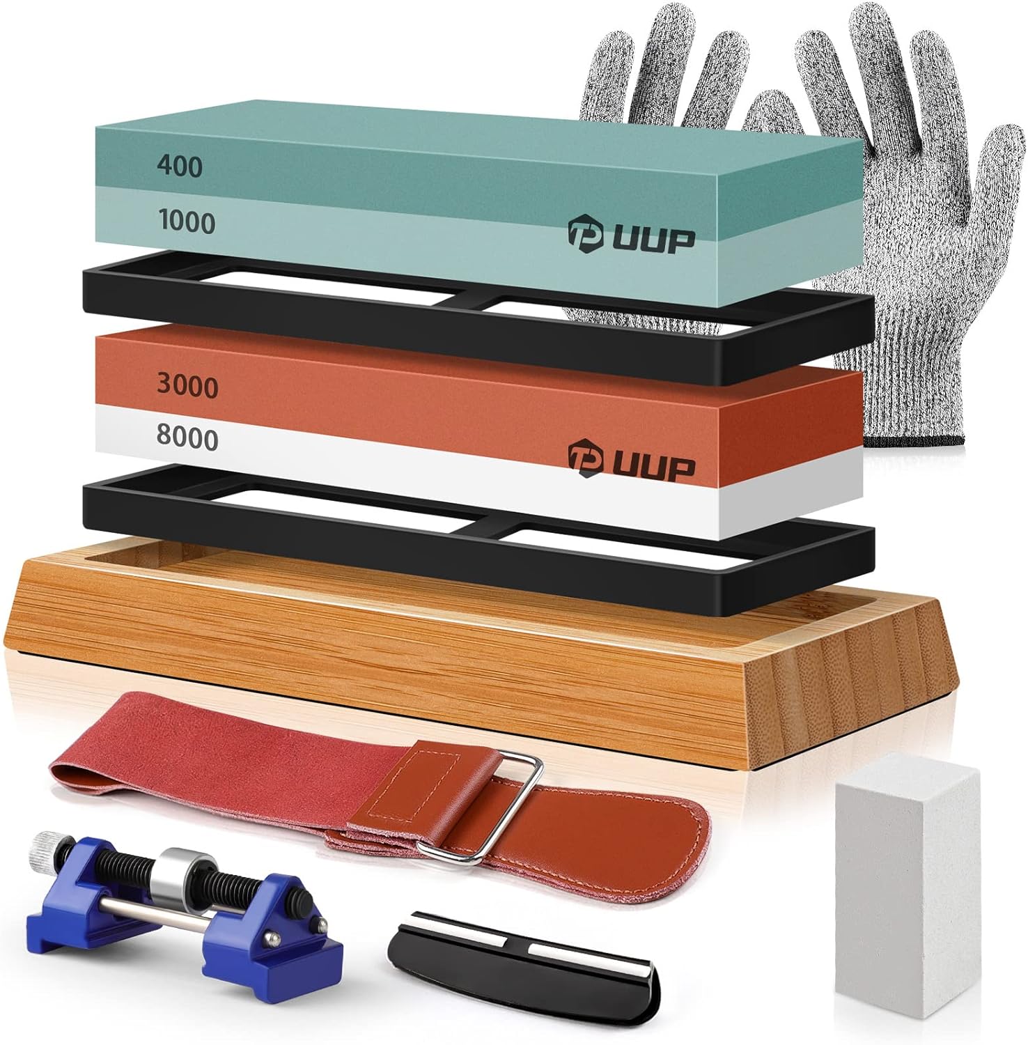 9PCS Knife Sharpening Stones, UUP Whetstone Sharpener Kit with Premium 4 Sides 400/1000 3000/8000 Grit Wet Stone Set, Leather Strop, Angle Guide, Flattening Stone, Gloves, Honing Guide for Knives