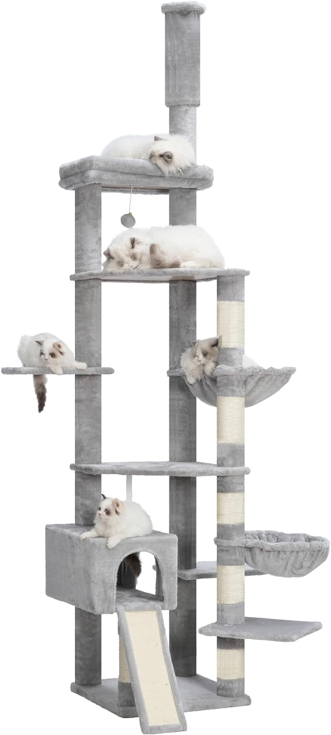 Hebly Cat Tree 92.5-104.3 Inches with Hammock, Floor to Ceiling Cat Condo,Tall Cat Climbing Tower Adjustable with Scratching Posts for Indoor Cats Light Gary HCT091W