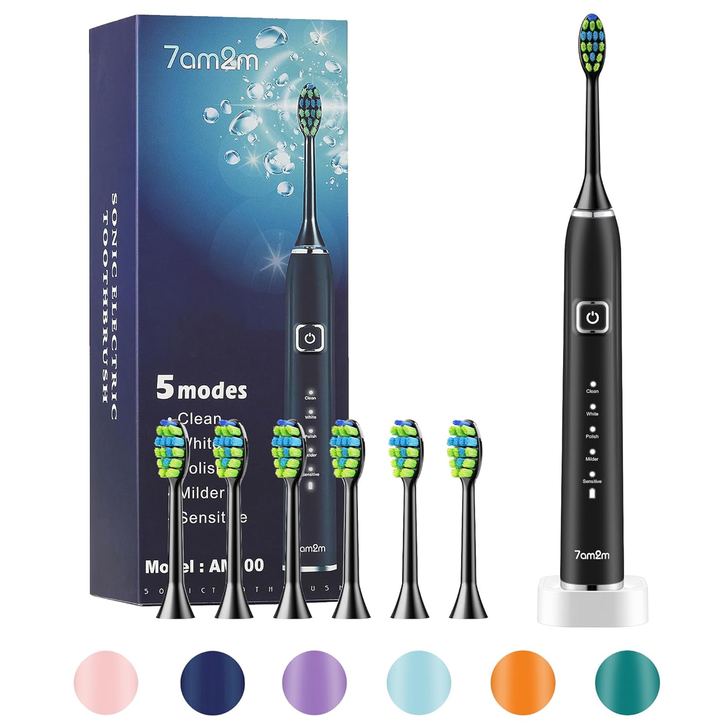 7AM2M Sonic Electric Toothbrush with 6 Brush Heads for Adults and Kids, One Charge for 90 Days, Wireless Fast Charge, 5 Modes with 2 Minutes Build in Smart Timer, Electric Toothbrushes(Black)