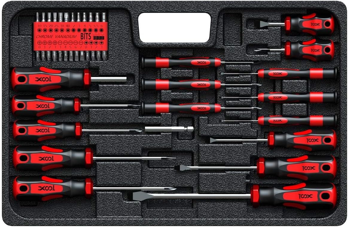 XOOL 42PCS Magnetic Screwdriver Set with Tray, Torx Phillips Flat Hex Pozi Non-Slip Magnetic Tips Screwdriver Set