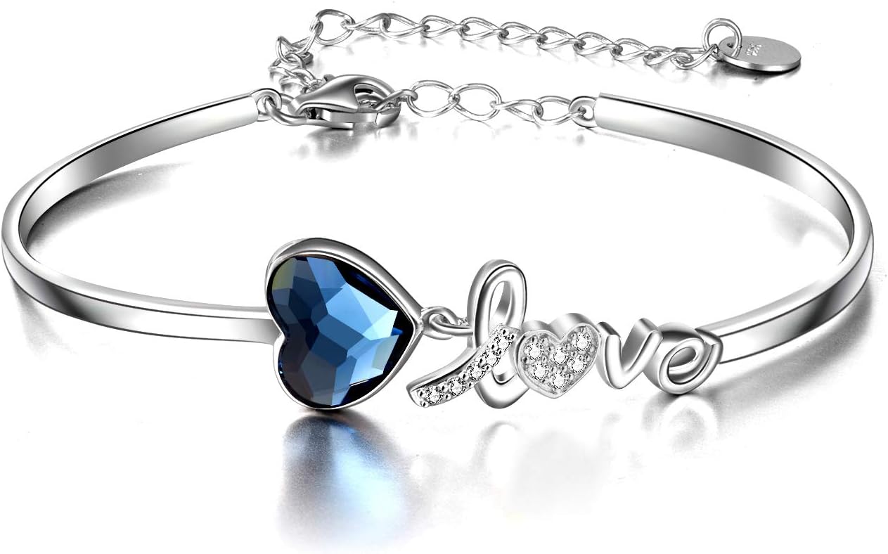 AOBOCO I Love You Jewelry Sterling Silver Love Heart Bangle Bracelet, Blue Crystals from Austria, Fine Jewelry Gifts for Women