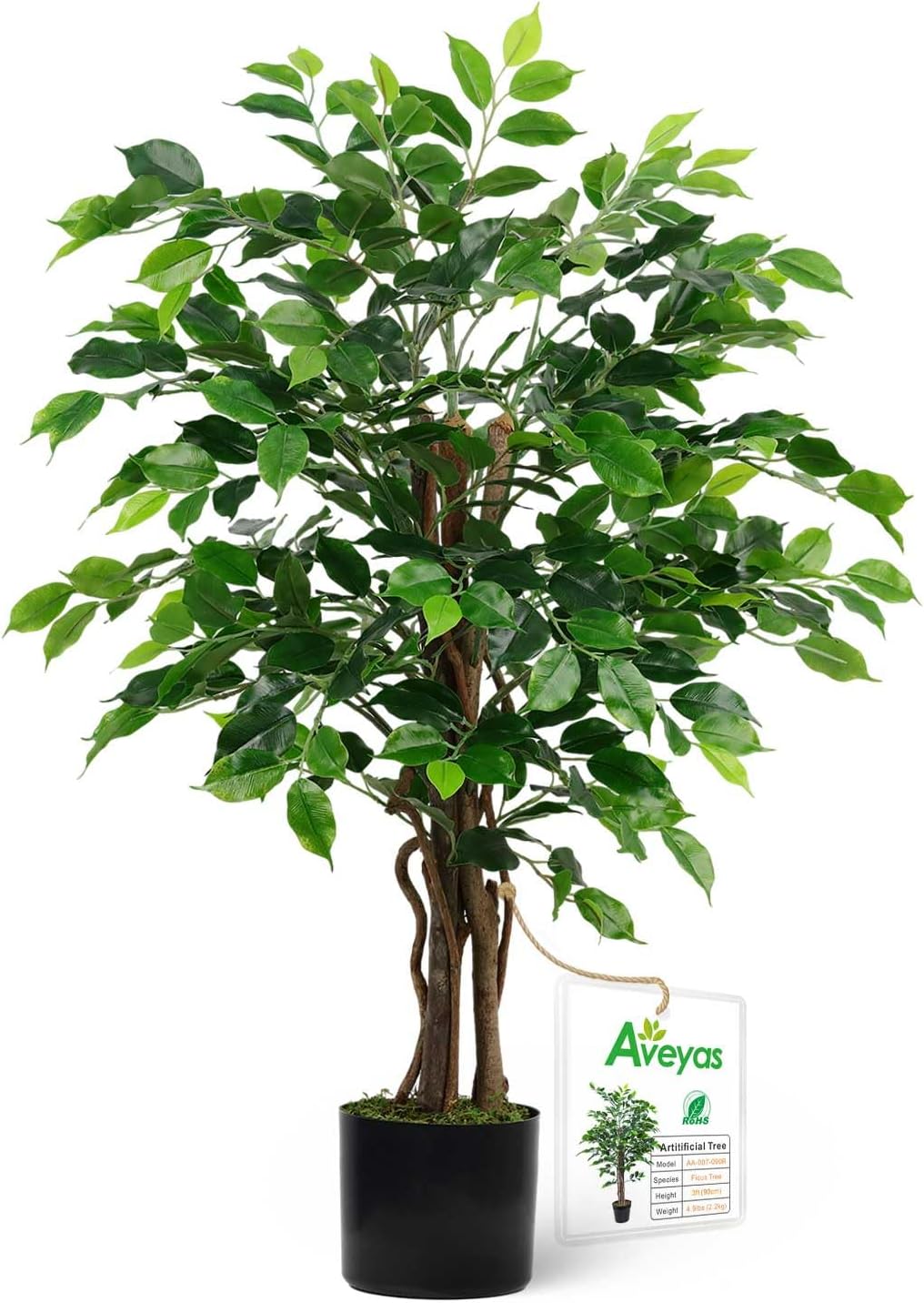 Aveyas 3ft Artificial Ficus Tree for Home Decor, 3 Feet Faux Plant Fake Silk Trees with Pot for Indoor Outdoor House Living Room Office (3 ft Tall)