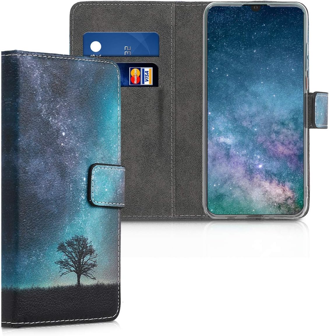 kwmobile Wallet Case Compatible with Huawei P30 Lite Case for Phone - Cosmic Nature Blue/Grey/Black