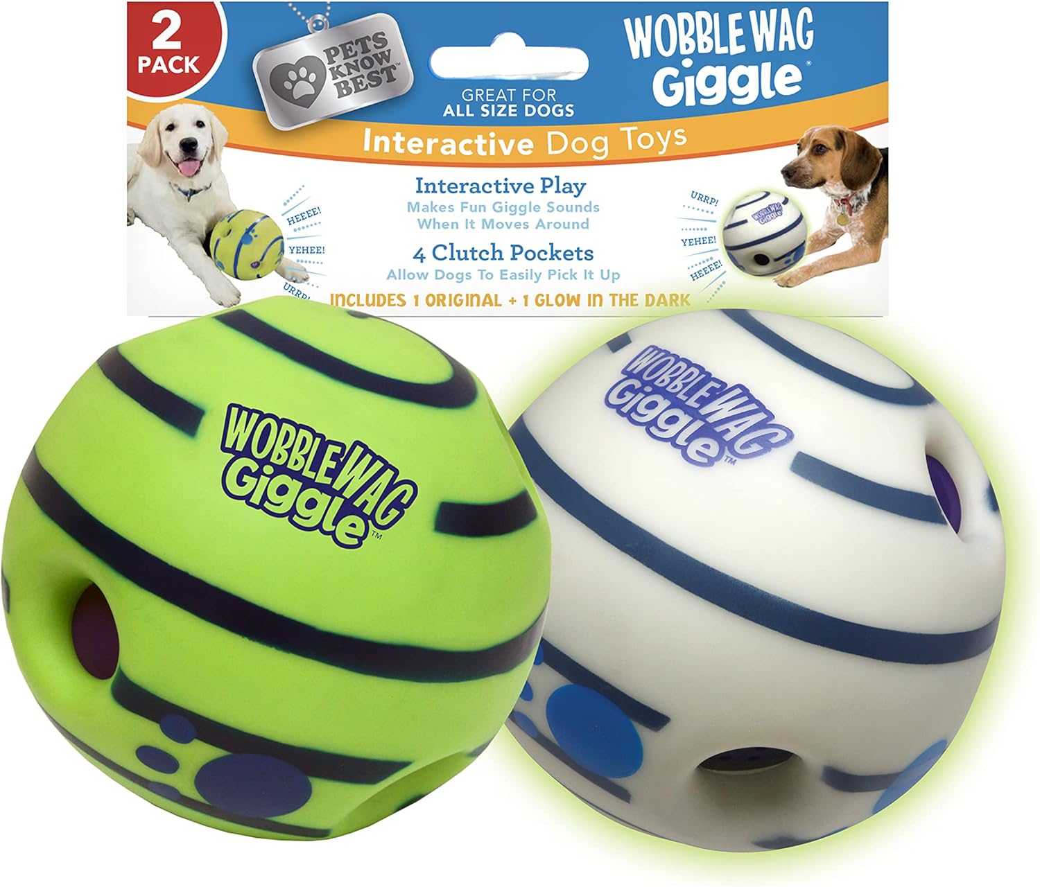 Wobble Wag Giggle Ball 2 Pack- Interactive Dog Toy, Fun Giggle Sounds When Rolled or Shaken, Pets Know Best, 1 Original & 1 Glow in The Dark Ball