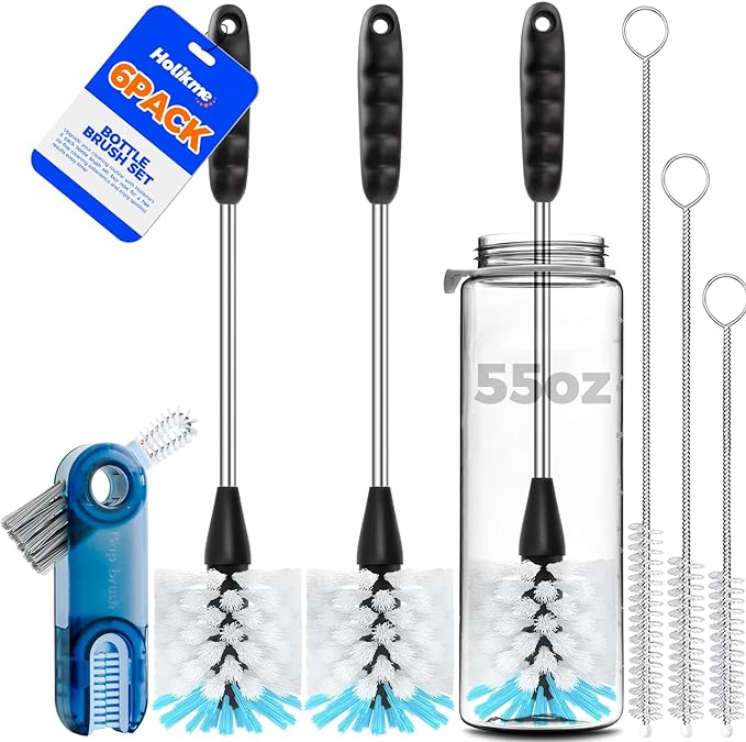 Holikme 6 Pack Bottle Brush Set, 14 Long Handle Stainless Steel Bottle Cleaner Brush, 3 Straw Brushes, 3-in-1 Bottle Cleaning Brush for Water Bottle, Baby Bottle, Blue&White