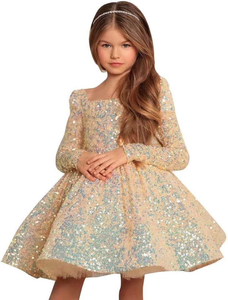 Puffy Long Sleeve Sequin Flower Girl Dress Tutu Tulle Ball Gown Princess Dress Wedding Party Pageant Gown