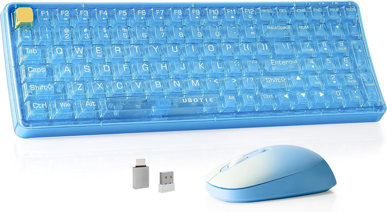 Wireless Transparent Keyboard and Mouse Combo, UBOTIE Blue 100keys 2.4GHz USB Receiver Keyboard Mouse Set with Adjustable DPI Optical Mouse for PC Laptop