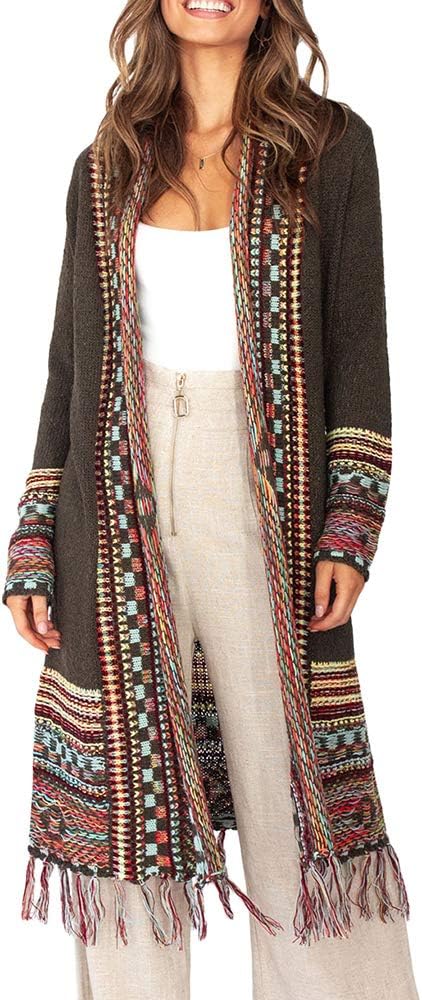 FERBIA Women Boho Cardigan Sweater Long Open Front Maxi Knit Sweaters Aztec Tribal Tassel Fringe Thin Coat