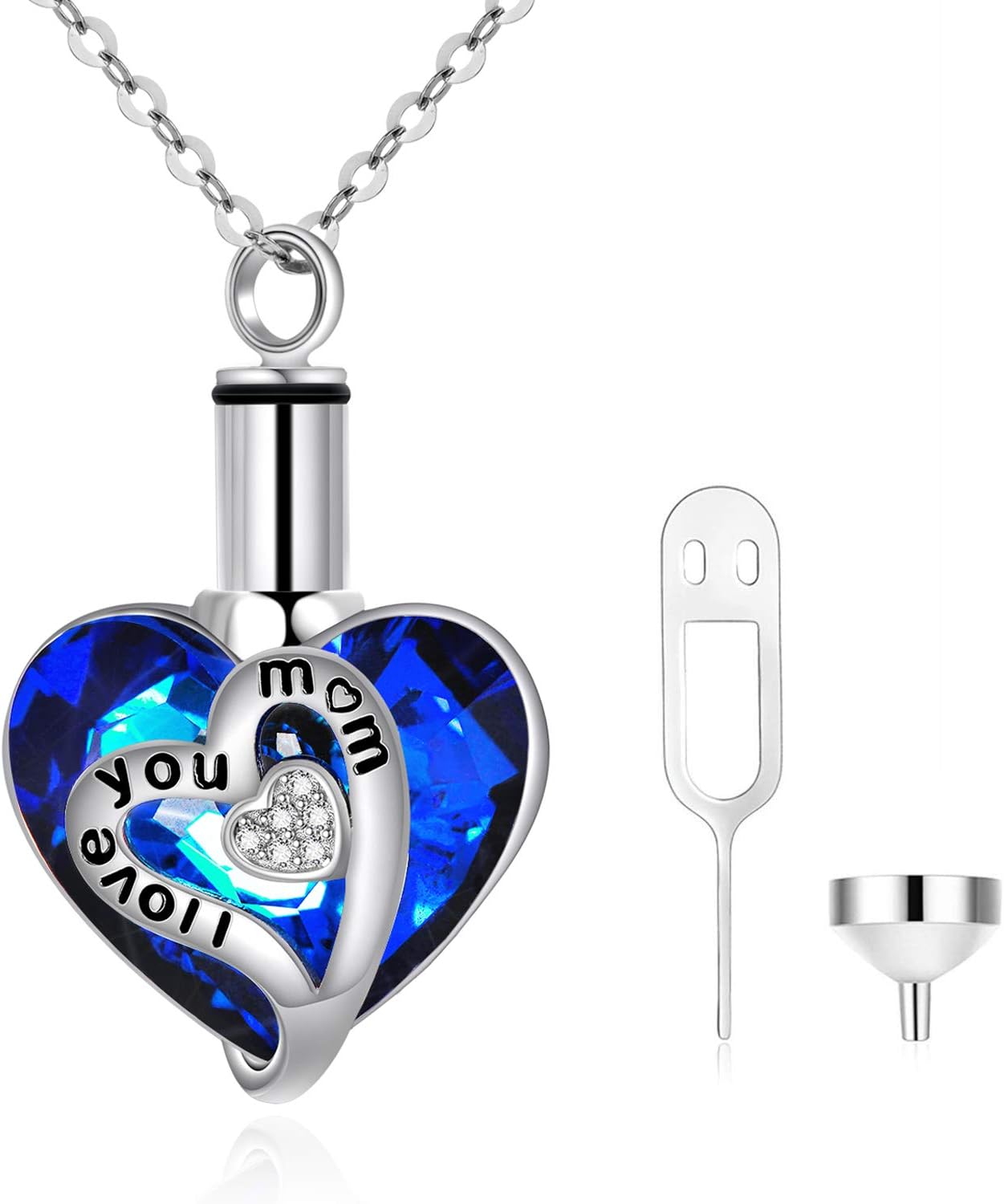 AOBOCO Heart URN Necklace S925 Sterling Silver Cremation Necklace for Ashes Embellished with Crystals from Austria, Fine Keepsake Memorial Jewelry for Ashes (Package including a Necklace/Pin/Funnel)