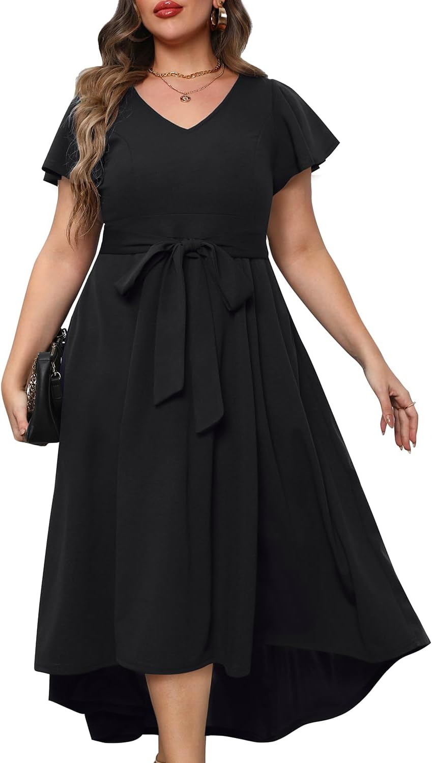 Women' Plus Size High Low Flutter Sleeves Wedding Guest Semi Formal Maxi Long Dress with Pockets