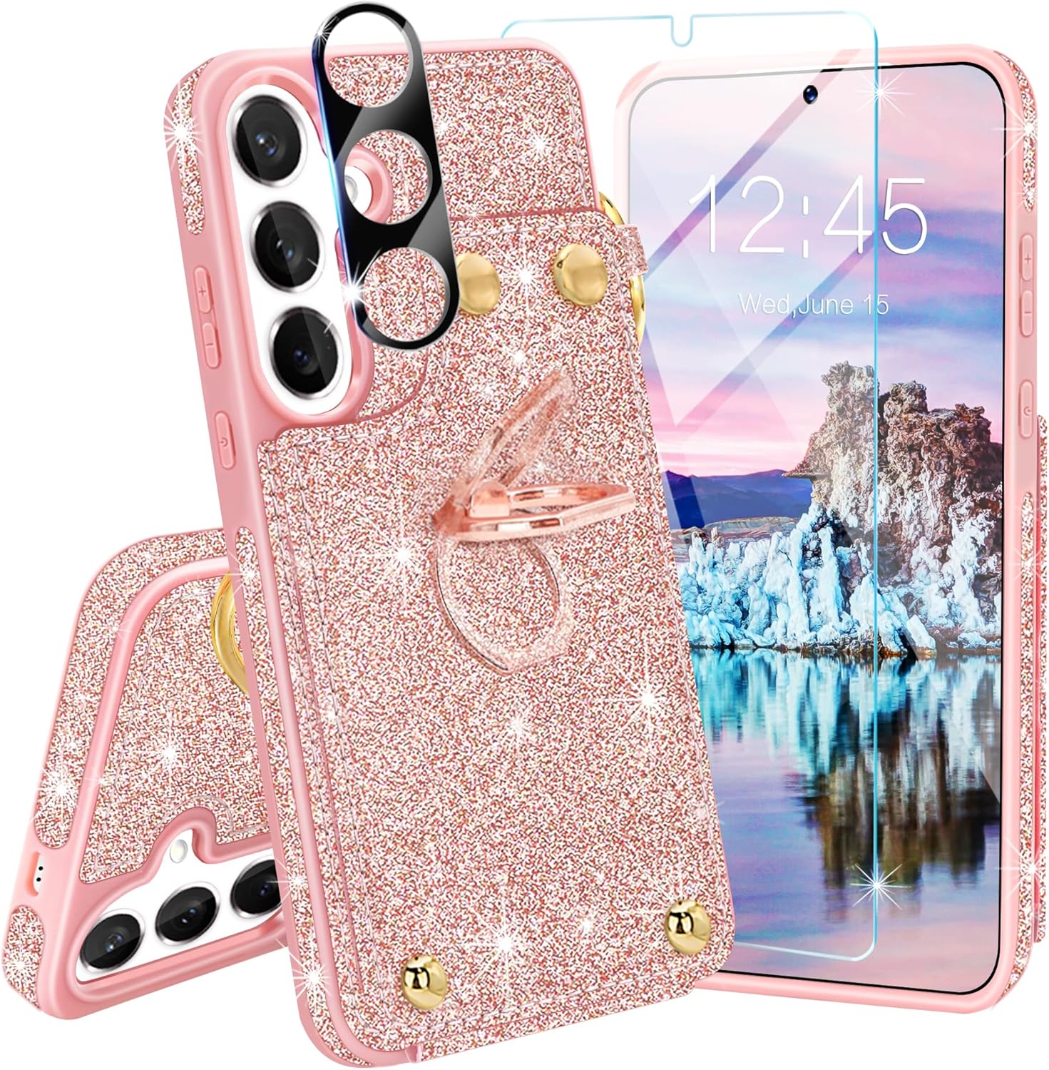 Fingic Samsung Galaxy S24 Plus Case Wallet[1*Screen Protector+Camera Protector][360Ring Holder][with 5 Card Holders]Glitter Sparkle Kickstand RFID Block Protective Case for Samsung S24 Plus,Rose Gold