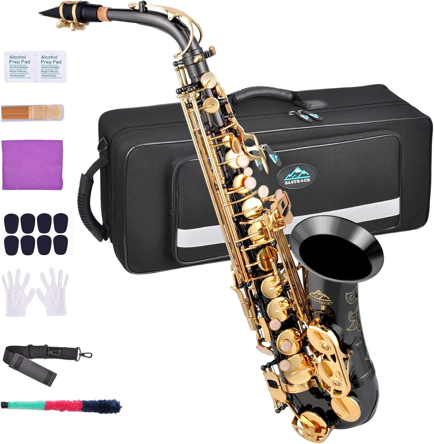 EASTROCK Black Nickel/Golden Alto Saxophone E Flat Sax Full Kit for Students Beginner with Carrying Case,Mouthpiece,Mouthpiece Cushion Pads,Cleaning Cloth&Cleaning Rod,White Gloves,Neck Strap