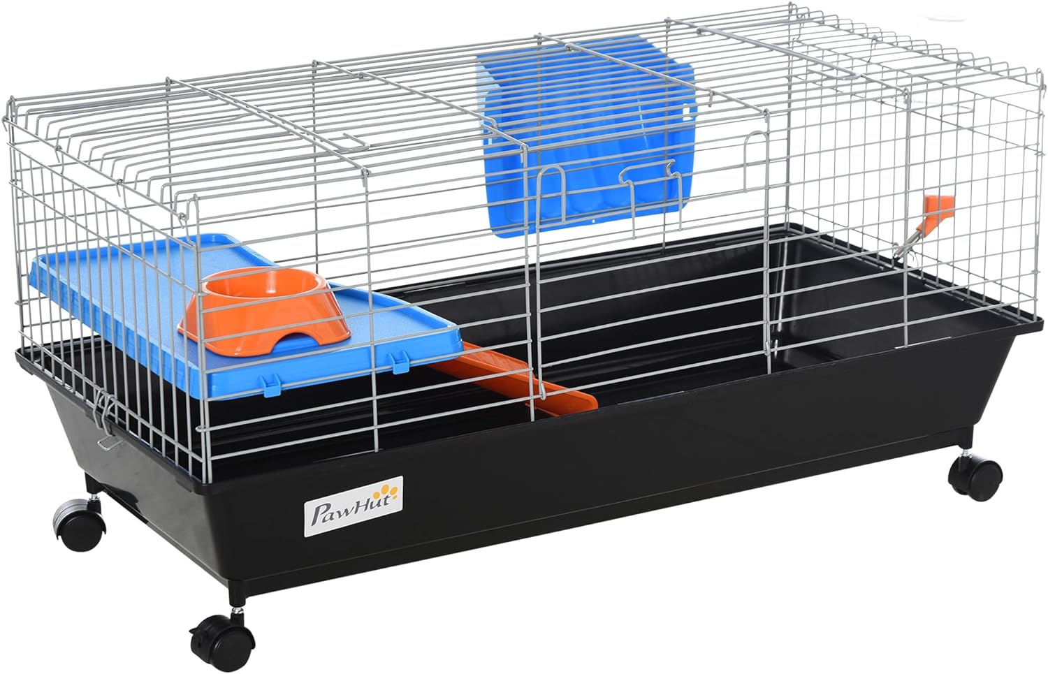 PawHut 35" L Small Animal Cage, Rolling Bunny Cage, Guinea Pig Cage with Food Dish, Water Bottle, Hay Feeder, Platform, Ramp for Ferret Chinchilla, Black