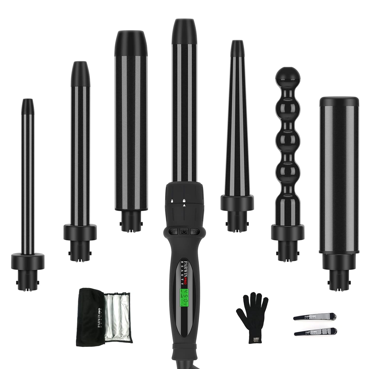 Curling Iron,PARWIN PRO BEAUTY 7 in 1 Curling Wand Set with 7 Interchangeable Barrels and Heat Protective Glove Auto Shut Off Dual Voltage