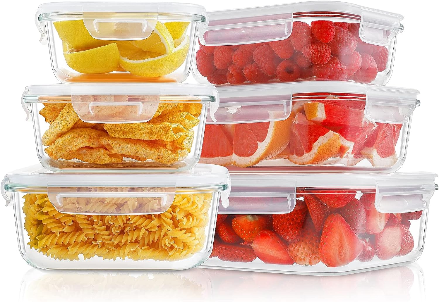 Large Food Storage Containers with Lids, [12 Piece] Glass Meal Prep Containers, Airtight Glass Bento Boxes, BPA Free & Leak Proof (6lids & 6Containers)(Square & Rectangle)