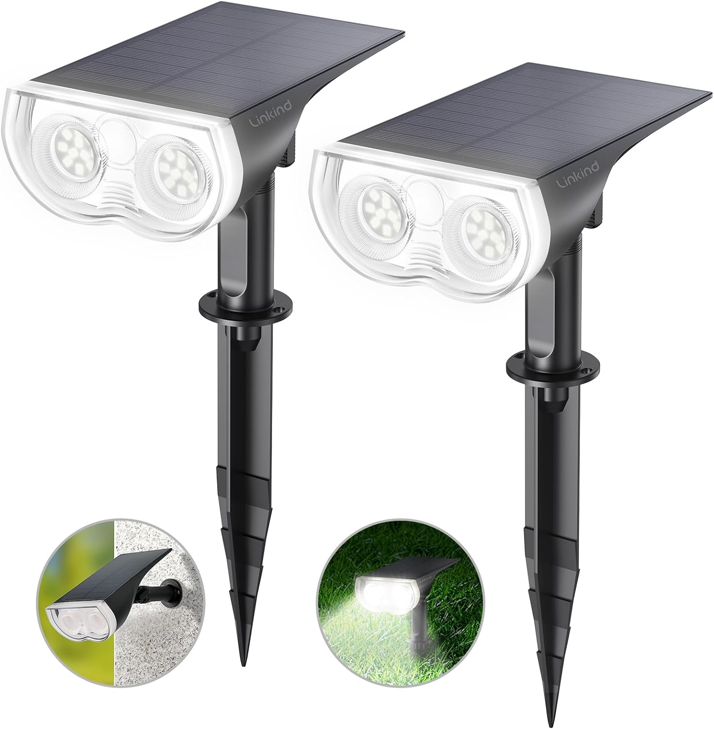 Linkind StarRay Solar Spot Lights Outdoor, 30% Conversion Rate IP67 Waterproof Dusk-to-Dawn Landscape Spotlights, 6500K Daylight Wall Lights for Garden Yard, 2 Pack