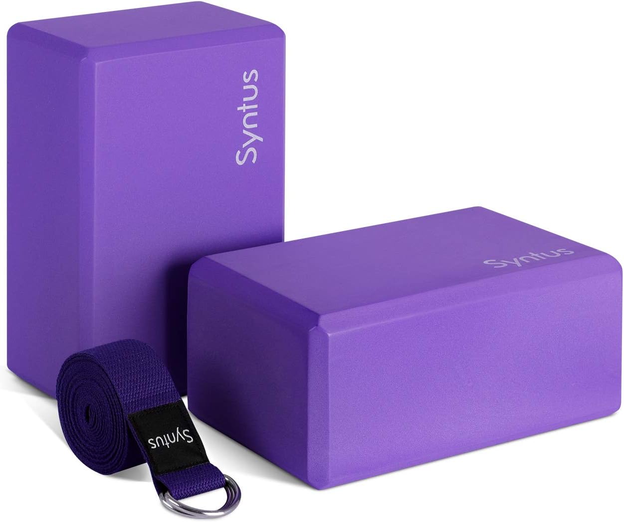 Syntus Yoga Block and Yoga Strap Set, 2 EVA Foam Soft Non-Slip Yoga Blocks 964 inches, 8FT Metal D-Ring Strap for Yoga, General Fitness, Pilates, Stretching and Toning