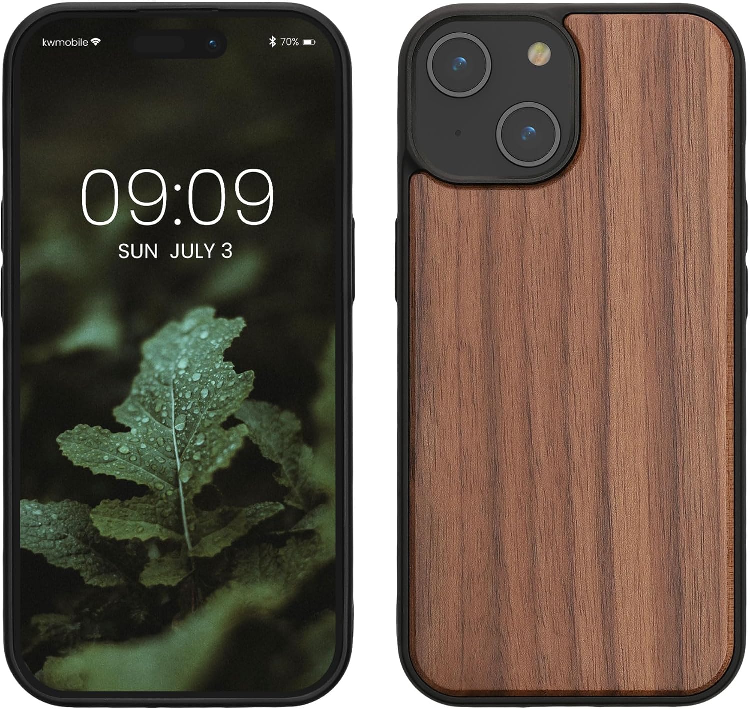 kwmobile Real Wood Case Compatible with iPhone 15 Case - Hard Wooden Cover w/TPU Bumper - Dark Brown