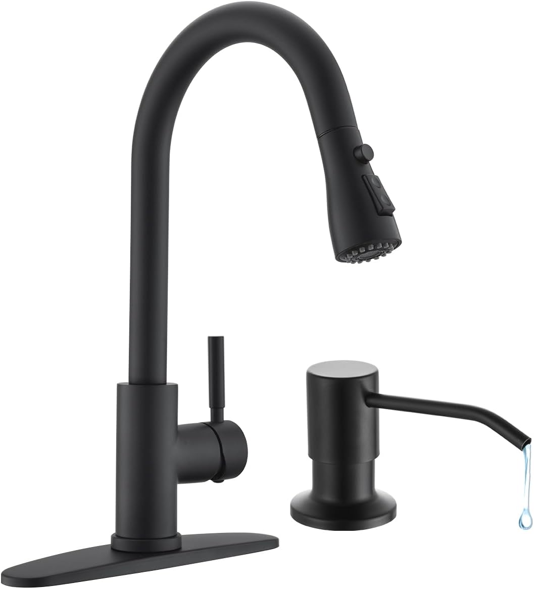 Arofa Kitchen Faucet with Soap Dispenser, Stainless Steel Kitchen Sink Faucet with Pull Down Sprayer 3 Mode Single Handle Gooseneck Pull Out Kitchen Faucet for 2/4 Hole, Matte Black