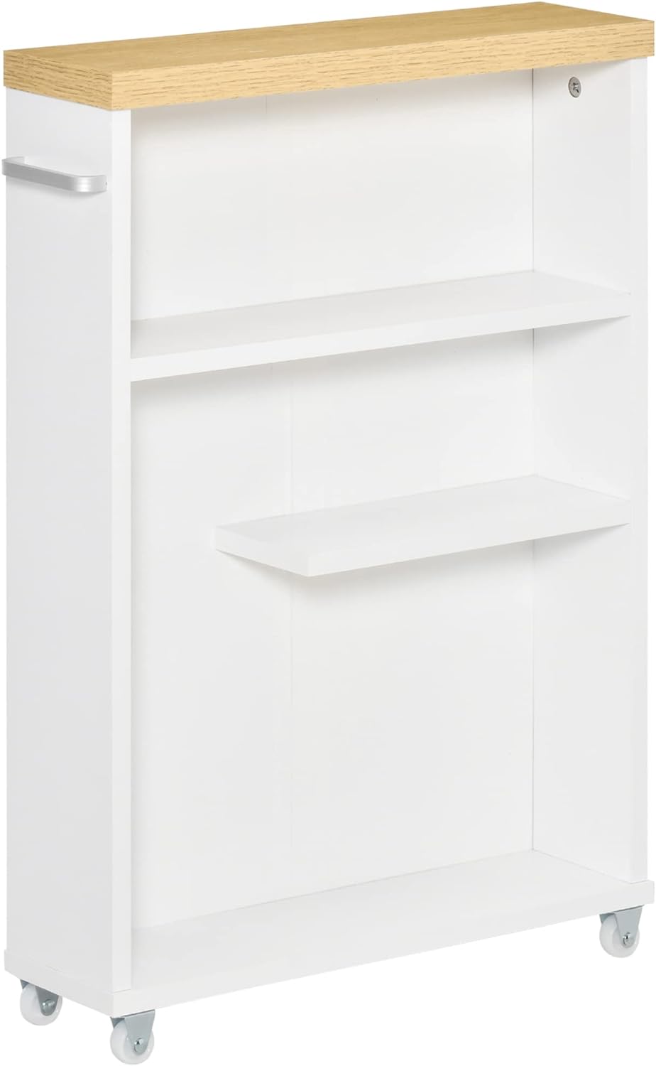 kleankin Slim Bathroom Cabinet with Castor Wheels Storage Organizer and Wood Shelves to Fit in Small Spaces, White