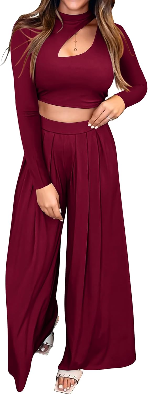 BTFBM Women' 2 Piece Tracksuit Outfits Cutout Long Sleeve Crop Top Wide Leg Pant Ribbed Knit Sweatsuits Yoga Lounge Set