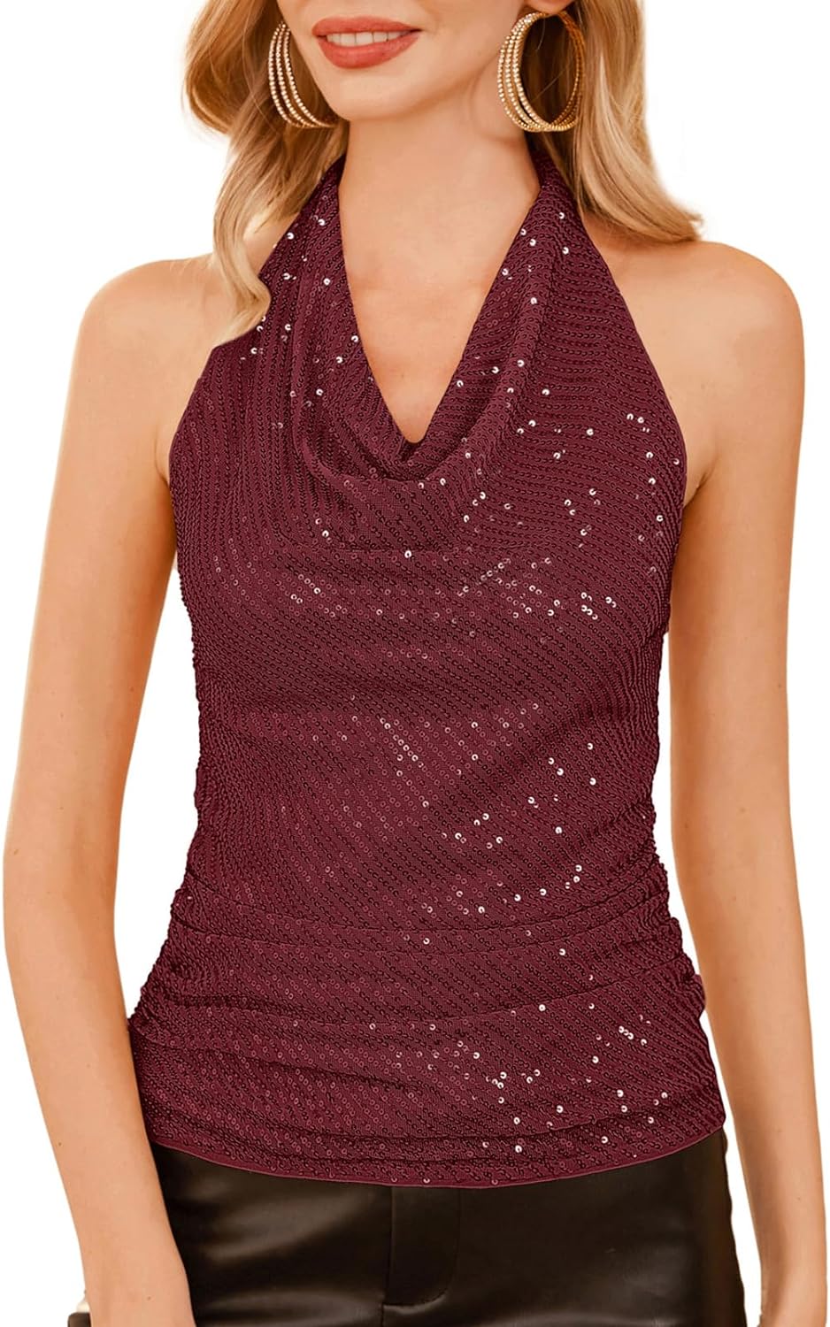 GRACE KARIN 2023 Women' Halter Cowl Neck Sequin Top Backless Slim Fit Ruched Cocktail Sparkle Tank Tops