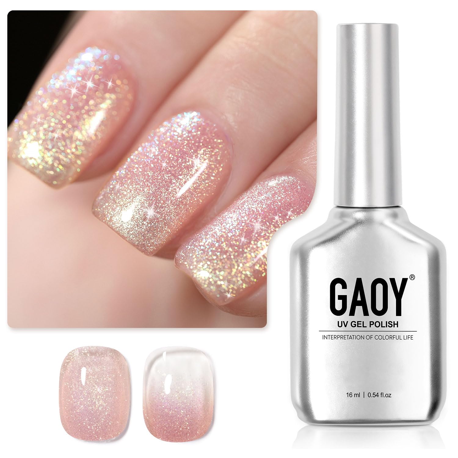 GAOY Shimmer Gel Nail Polish, 16ml Translucent Jelly Glitter Gel Polish, Soak Off UV Gel for Nail Art DIY at Home, 1610 Milky Peach