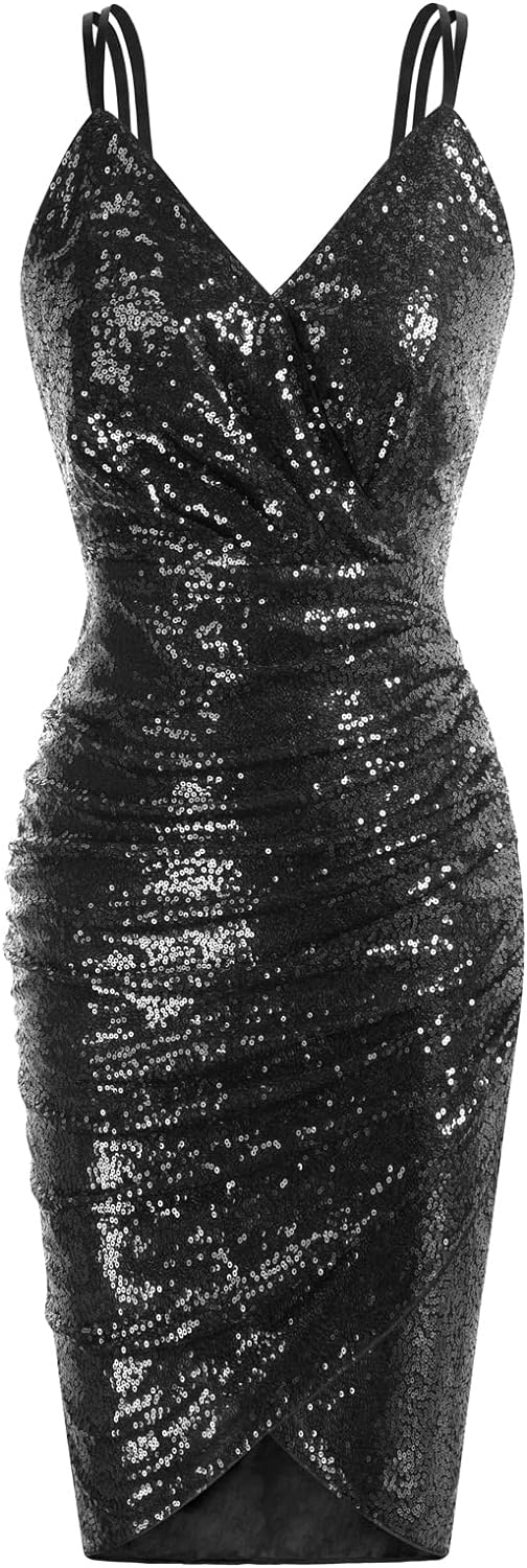 GRACE KARIN Women' Sexy Sequin Sparkly Glitter Ruched Party Club Dress Spaghetti Straps Wrap V-Neck Bodycon Dress