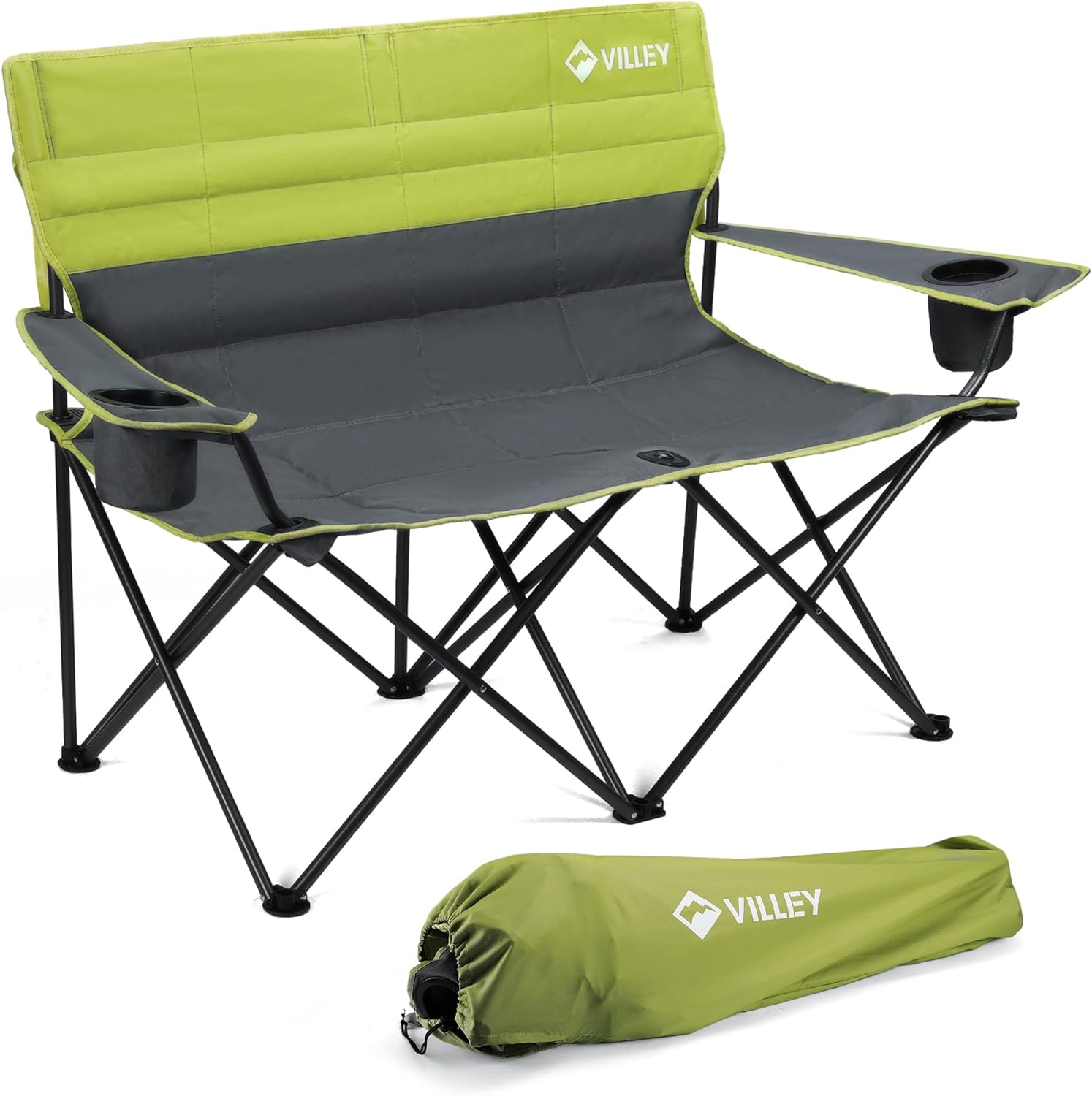 VILLEY Double Camping Chair, Extra Wide Loveseat, Heavy Duty Padded Camping Couch, Portable Folding Camp Chair w/Carry Bag, Steel Frame, Cup Holders for Camping Lawn Picnic Sports, Supports 500 LBS