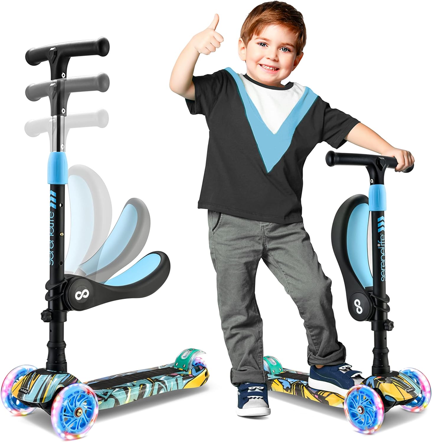 3 Wheeled Scooter for Kids - 2-in-1 Sit/Stand Child Toddlers Toy Kick Scooters w/Flip-Out Seat, Adjustable Height, Wide Deck, Flashing Wheel Lights, Great for Outdoor Fun