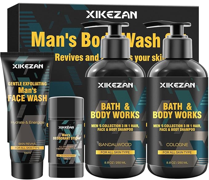 Gifts for Men,Mens Body Wash Gift Set Cleansing & Hydrating Skin w/Face Wash,Deodorant,Sandalwood & Cologne 3 in 1 Hair,Face & Body Wash,Mens Stocking Stuffers Christmas Gifts for Men Him Dad Husband