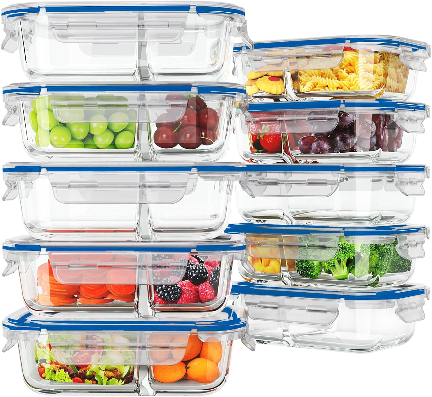 10 Pack Glass Meal Prep Containers 2 Compartment, Food Storage Containers with Lids, Airtight Glass Lunch Bento Boxes, BPA-Free & Leak Proof (10 lids & 10 Containers) - Deep Blue