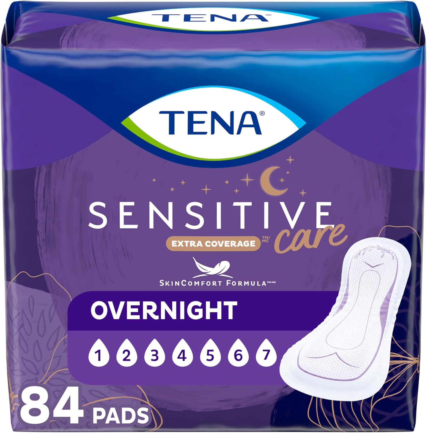 TENA Incontinence Pads, Bladder Control & Postpartum for Women, Overnight Absorbency, Extra Coverage, Sensitive Care - 84 Count