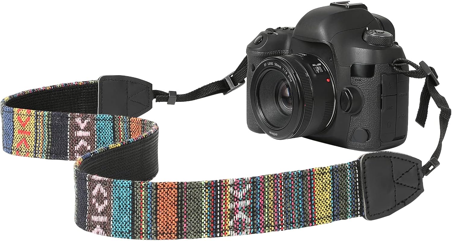 MoKo Camera Strap, Retro Cotton Canvas Woven Strap Universal Shoulder Neck Sling Belt for ALL DSLR/SLR Cameras Canon/Sony/Nikon, Adjustable Thin Strap for Adults & Kids, Colorful Stripe