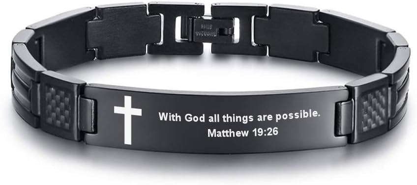 MEALGUET Stainless Steel Religous Scripture Quote Faith Christian Bible Verse Inspirational Cross Carbon Fiber Link Bracelet for Men