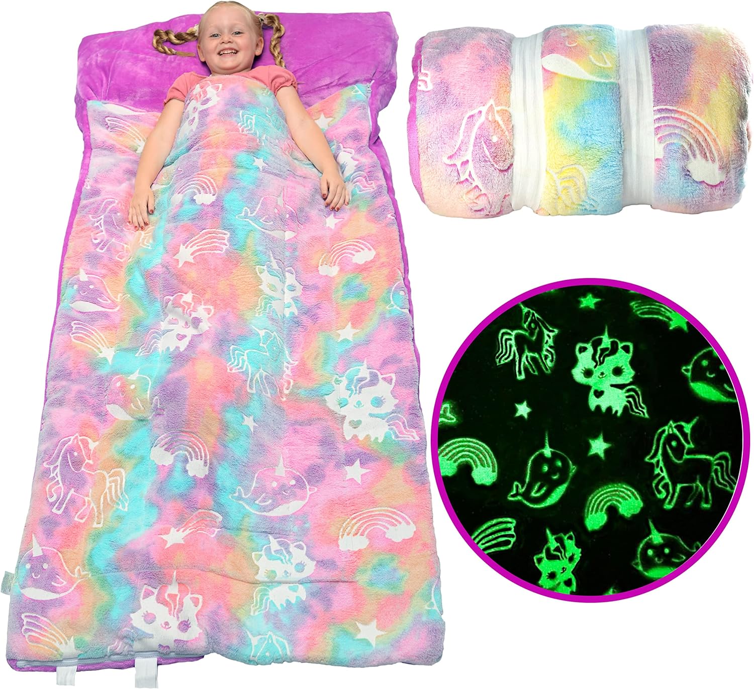 Rainbow Sleeping Bag Glow in The Dark Unicorn Slumber Bag for Girls - Plush Glowing Girly Nap Mat for Kids- Narwhal & Kitticorn Pink Large 66in x 30in Warm Sleeping Blanket Pad for Girls