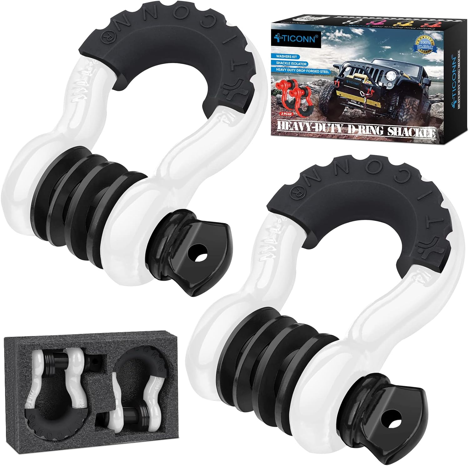 TICONN 2 Pack D Ring Shackle with 7/8 Screw Pin 57,000Ibs Break Strength, 3/4 Heavy Duty Shackles with Isolator & Washers for Tow Strap Winch Off Road Vehicle Recovery (White/Black)