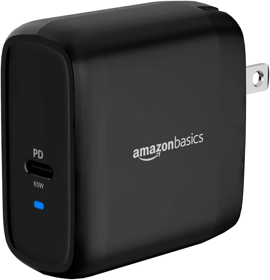 Amazon Basics 65W One-Port GaN USB-C Wall Charger with Power Delivery PD for Laptops, Tablets & Phones (iPhone 15/14/13/12/11/X, iPad, MacPro, Samsung, and more), non-PPS, Black